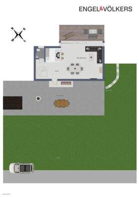 Grundriss Erdgeschoss mit Grillplatz und Gartengrundstück