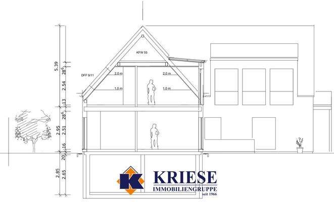 Seitliche Straßenansicht Schnitt innen Raumhöhen