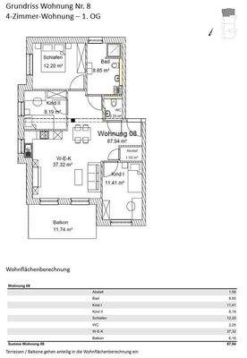 Grundriss + Wohnflächenberechnung Wohnung 08