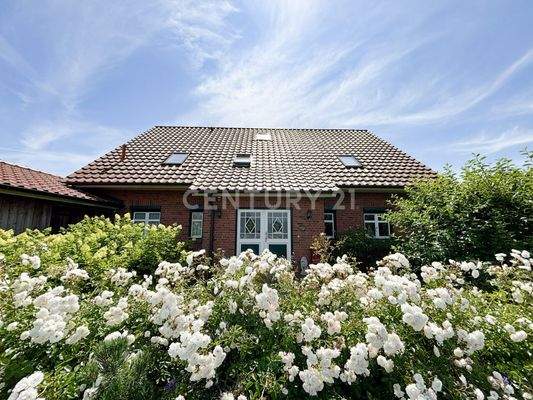 Blühender Friesenwall vor dem Haus