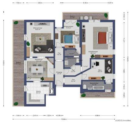 Wohnzimmer, Esszimmer, Küche, 3 Schlafzimmer, 2 Bäder und drei Balkonen..