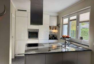 Moderne Einbauküche mit Kochinsel und Blick ins Grüne