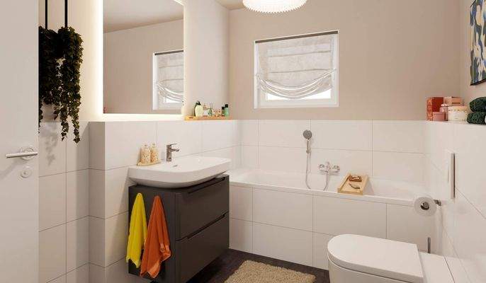 Modernes Tageslichtbad mit bodengleicher Dusche und Badewanne