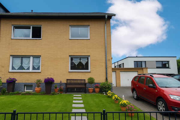 1/ Die Hausfrontseite. So könnte der Vorgarten mal aussehen ... ! Das Foto bezüglich des Vorgartens wurde durch uns künstlich bearbeitet.