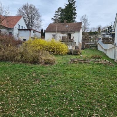 Blick vom Garten zum Haus mit ecent. Auffahrt