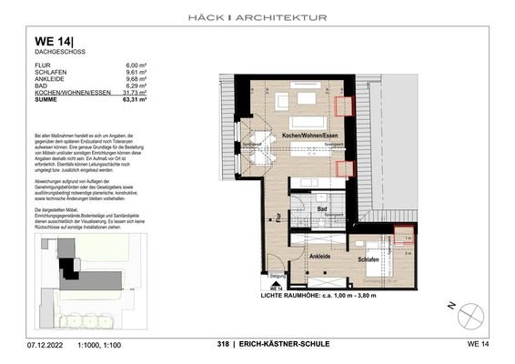 Wohnfläche, Lage und Grundriss WE 14