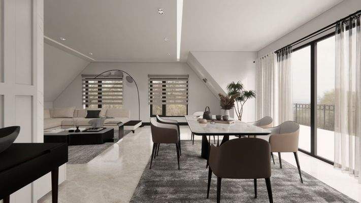 Wohn-Essbereich mit offener Küche mit Kochinsel