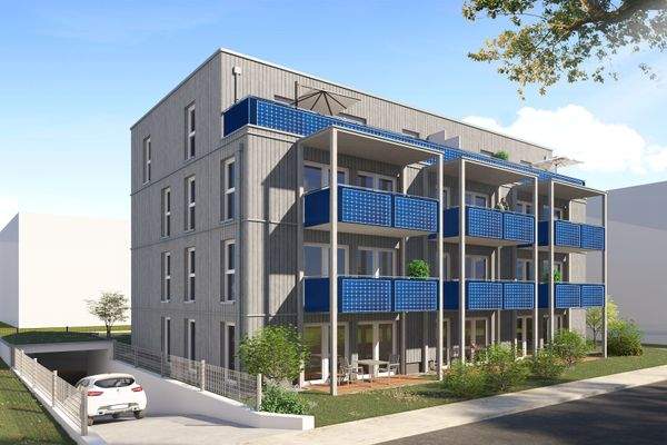 Ansicht Süd - Balkon/Terrasse/Tiefgarageneinfahrt