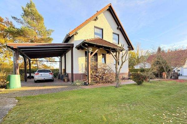 unbefestigte Auffahrt mit Schleppdach, Garage und Carport