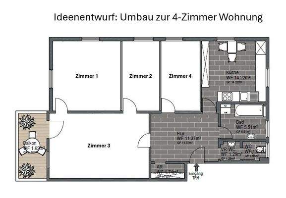 Ideenentwurf: Umbau zur 4-Zimmer Wohnung