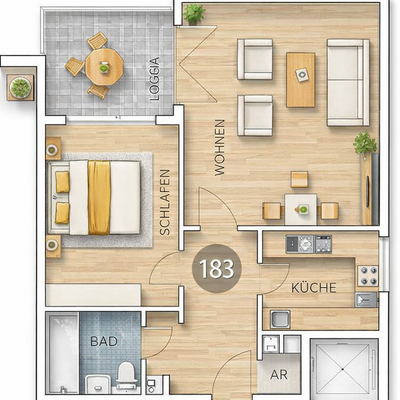 Visualisierter Gundriss Wohnung 183