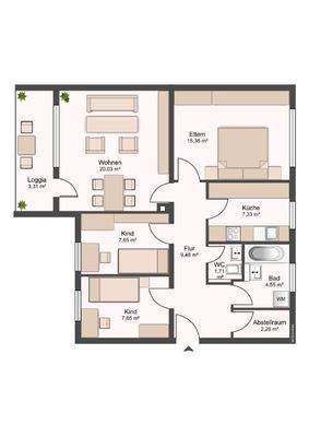 Grundriss mit Flur (9,48 m²), Küche (7,33 m²), Tageslichtbad (4,55 m²), WC (1,71 m²), Wohnzimmer (20,03 m²), Schlafzimmer (15,36 m²), 2 Zimmern (je 7,65 m²), Abstellraum (2,26 m²) und Balkon