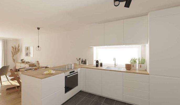 Die offene Wohnküche lädt zum gemeinsamen Kochen e