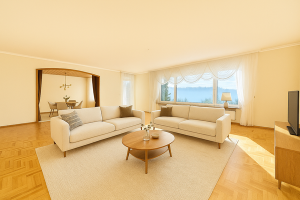 EG: Wohnbereich mit Essbereich und Zugang zum Balkon (KI generiert)