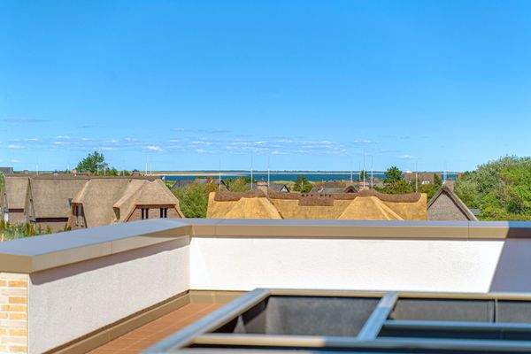 Blick über Reetdach bis zum Meer