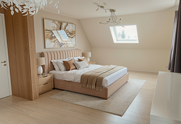 Schlafzimmer mit Einrichtungsbeispiel KI