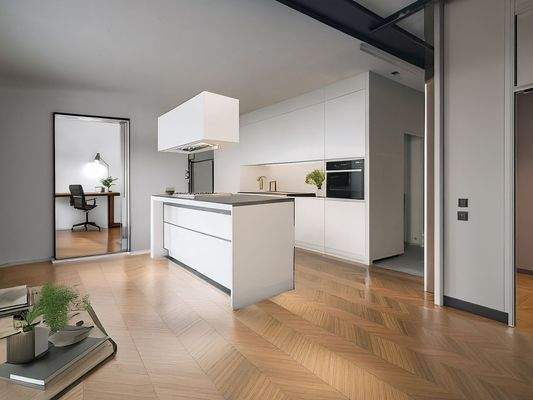 Gestaltungsbeispiel einer modernen offenen Küche mit beeindruckender Deckenhöhe (KI-generiert)