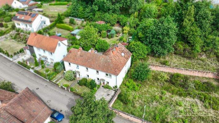 Luftbild - Straßenansicht Doppelhaus und Garten