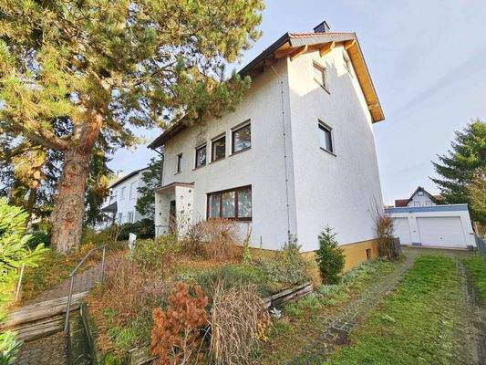 Seitenansicht mit Zufahrt zu den Garagen