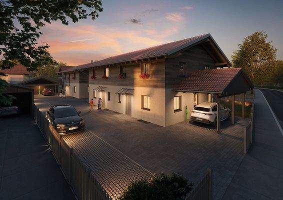 Gebäudeansicht / Zufahrt in Abendstimmung - Unverbindliche Darstellung aus Sicht des Illustrators 