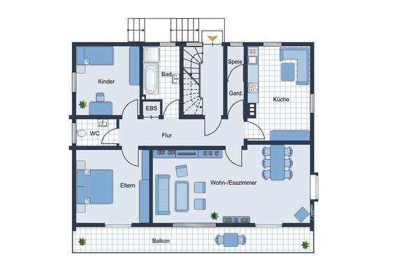 Erdgeschoss mit Terrasse und Balkon