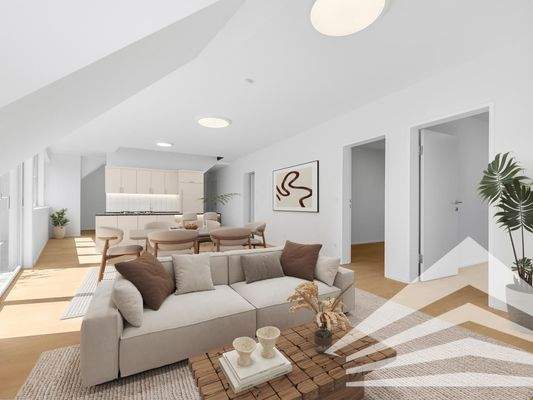 Wohn-/Esszimmer & Küche mit Möblierungsvorschlag