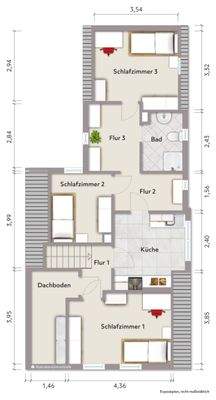 Grundriss Dachgeschoss (nicht maßstabsgerecht, Möblierungsbeispiel)