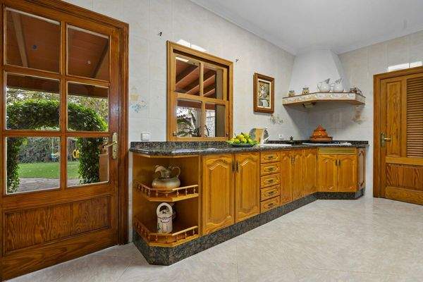 Einbauküche mit Blick in den Garten