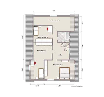Grundriss Dachgeschoss (nicht maßstabsgerecht, Möblierungsbeispiel)