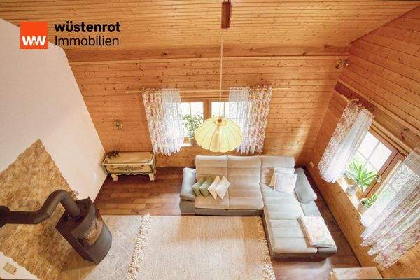 Haupthaus: Bibliothek  - Blick von oben - Offene Galerie über dem Essbereich mit Blick in den Wohnbereichen