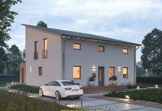 Modernes massa haus Fertighaus Einfamilienhaus im Lifestyle-Design bei Abenddämmerung, mit markantem
