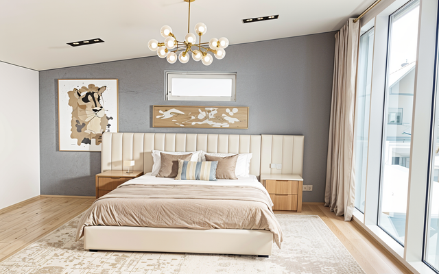 Schlafzimmer mit Einrichtungsbeispiel KI