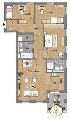 Grundriss im 1. Obergeschoss mit ca. 100 m² Wohnfläche, bestehend aus offenem Wohn- und Küchenbereich, Balkon, Flur, 2 Badezimmern, Schlafzimmer und 2 Kinderzimmern.