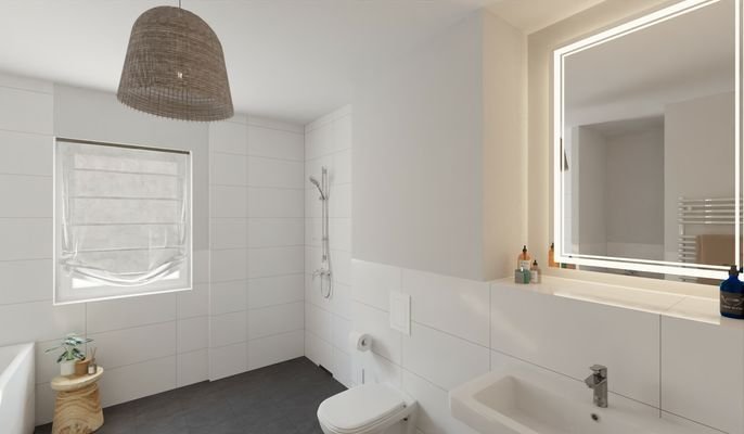  Modern gefliestes Bad mit bodengleicher Dusche und Badewanne