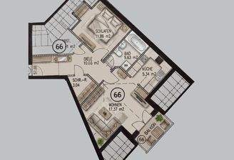 2-Zimmer-DG-Wohnung - Grundriss Garching  / Vorschlag Möbelierung 