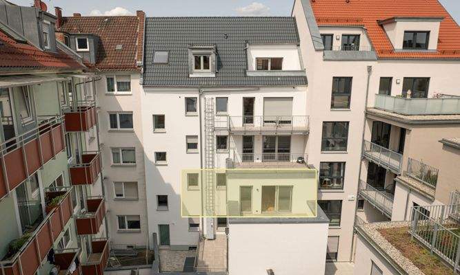 Rückansicht des Objekts mit markierter Wohneinheit