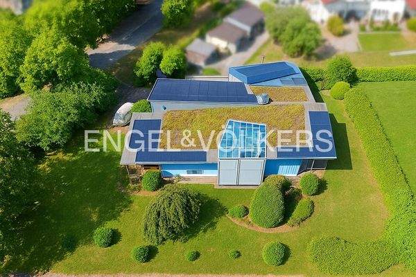 Vogelperspektive auf das Architektenhaus mit Dachbegrünung und PV
