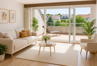 Wohnzimmer mit Dachterrasse (teilweise KI-generiert)