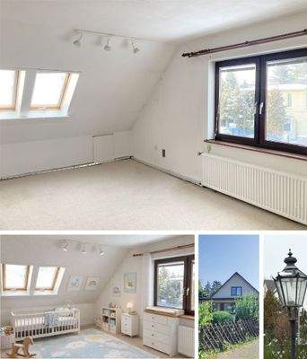 Oben: kleineres Schlafzimmer im OG, Unten: Schlafzimmer mit KI-Animation, Hausansicht