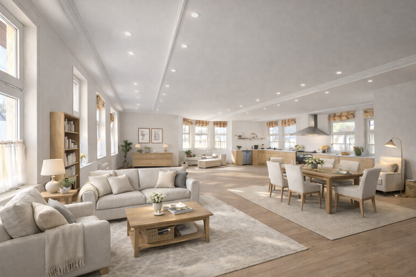 Einrichtungsbeispiel: Hier könnte ein großes Wohnzimmer entstehen mit Essbereich und offener Küche