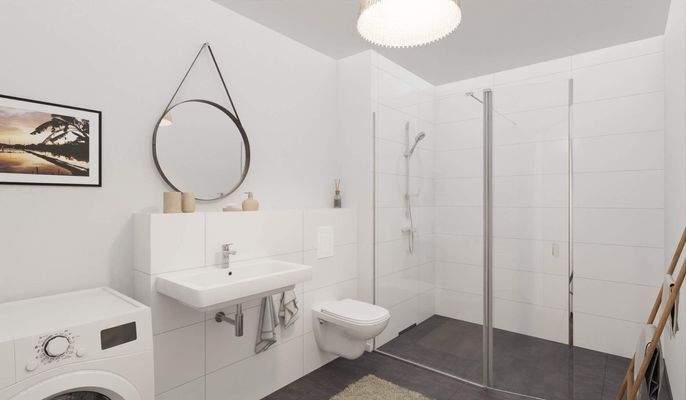 Modern gefliestes Badezimmer mit bodengleicher Dus