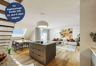 Unverbindliche Visualisierung des großzügigen, offenen Wohn- und Essbereiches