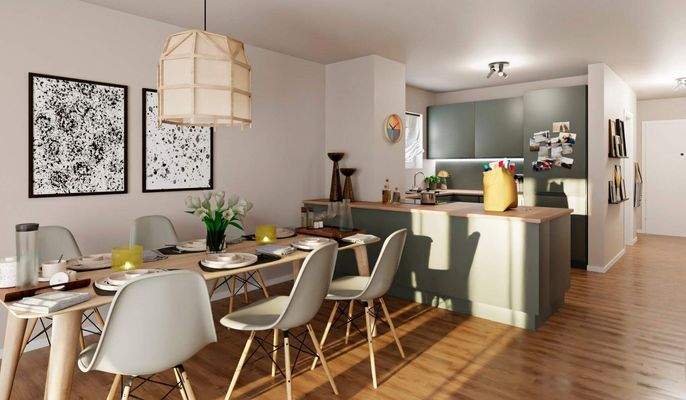 Gemütlicher Essbereich an der offenen Küche