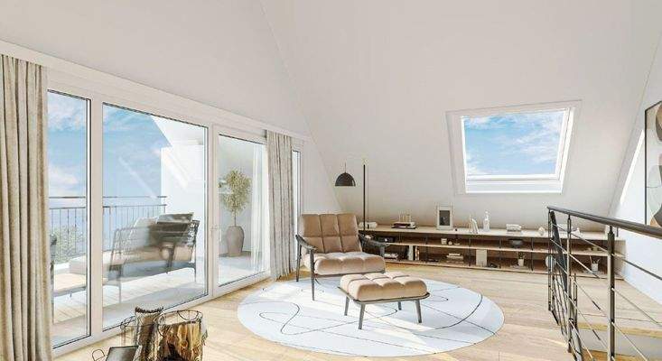 Unverbindliche Visualisierung der großzügigen, hellen Galerie mit Zugang zur Dachterrasse