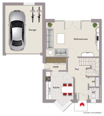 Grundriss Erdgeschoss (nicht maßstabsgerecht, Möblierungsbeispiel)