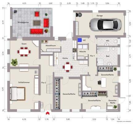 Grundriss Erdgeschoss (nicht maßstabsgerecht, Möblierungsbeispiel)