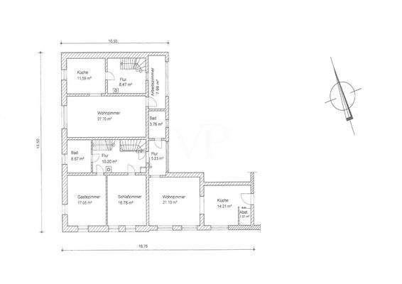 Grundriss OG Wohnhaus mit Bemaßung