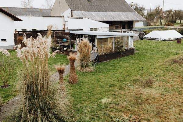 Garten mit Gartenhaus und Pool
