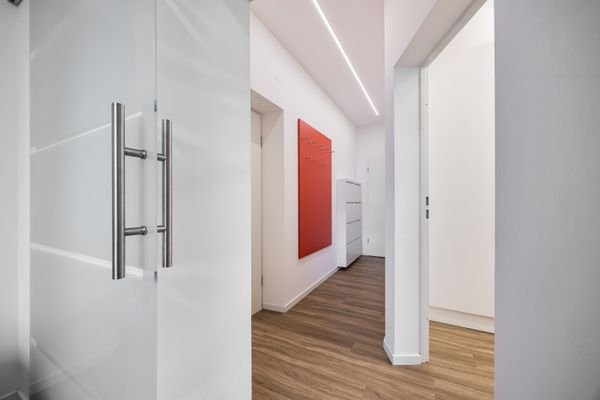 Einladender, moderner Flur mit Glastüre und Lichtelement