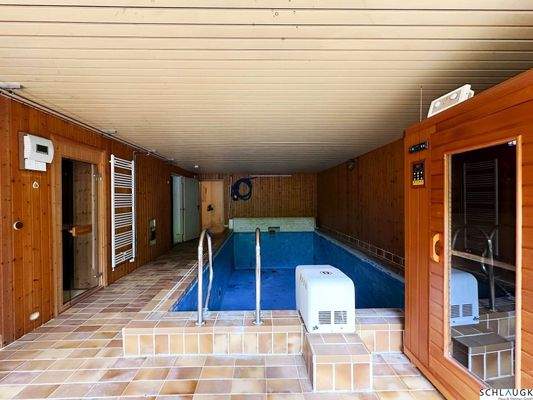 Schwimmbad mit Sauna und Duschkabine